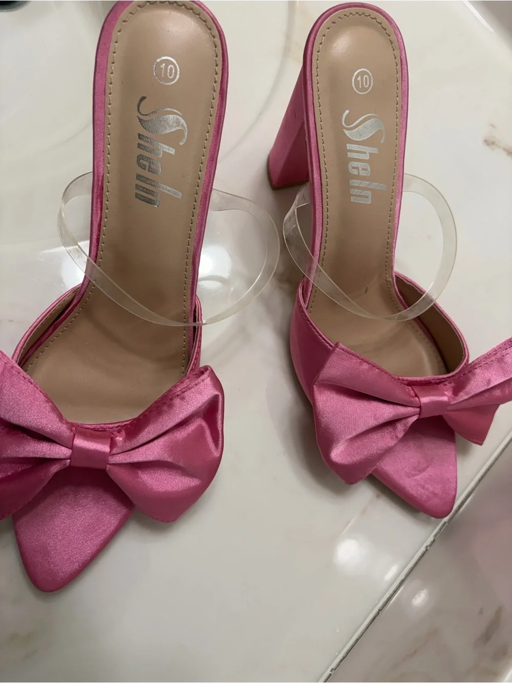 Shein Pink Satin Bow Block Heel Sandals